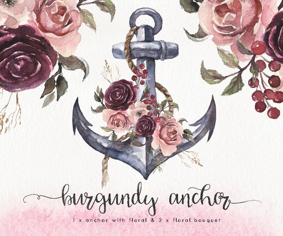 Watercolor burgundy boho floral. Clipart anchor wedding