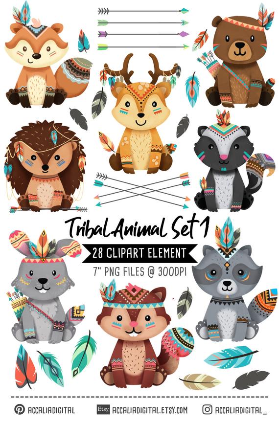 Woodland tribal animal clip. Clipart animals boho