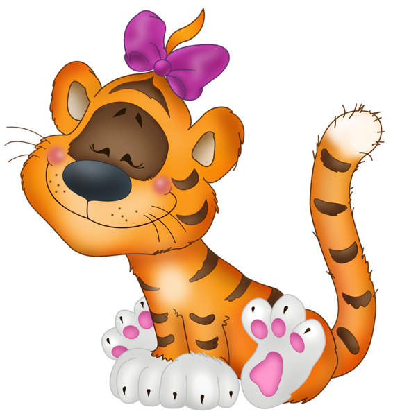 Tiger with bow cartoon. Woodland clipart sad