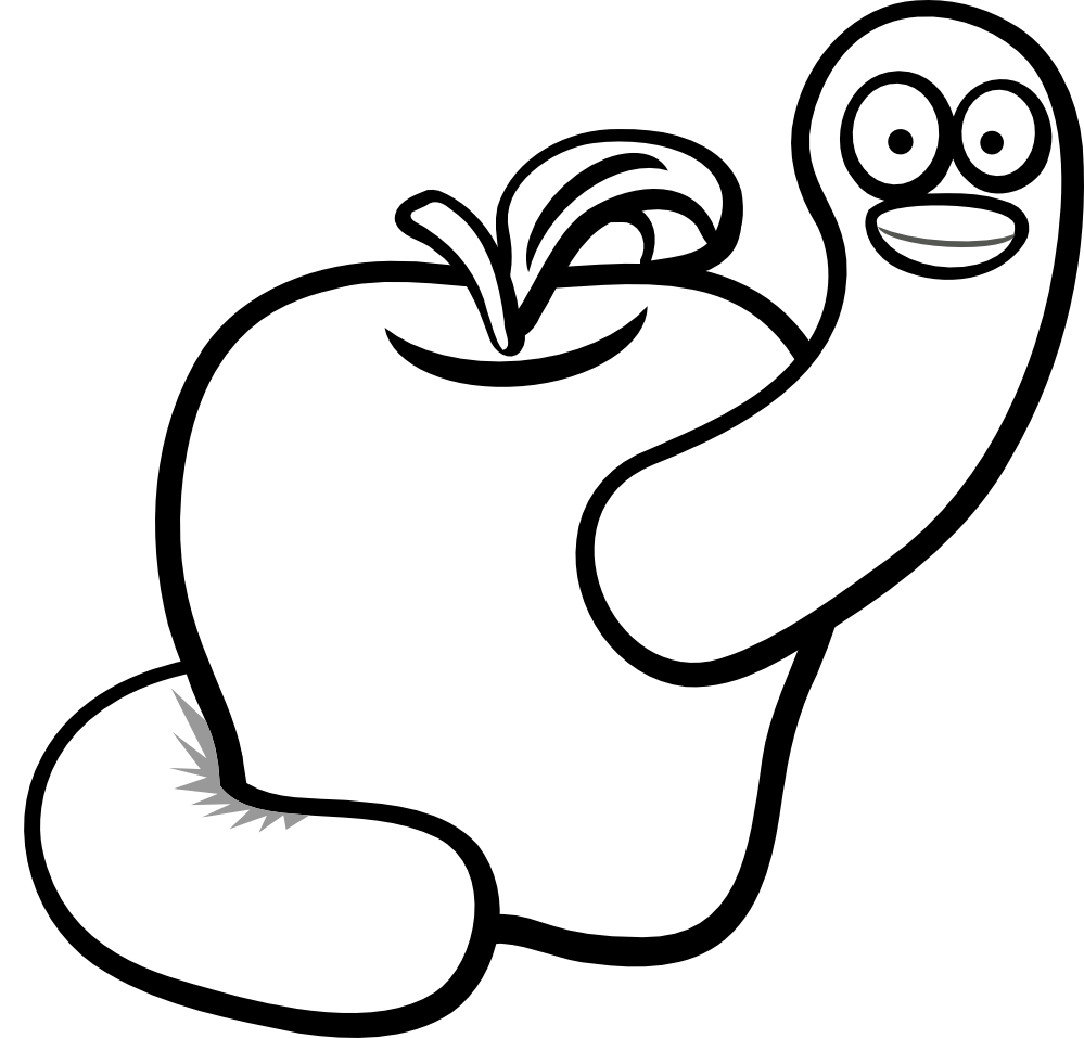 Black and white drawing. Worm clipart apple