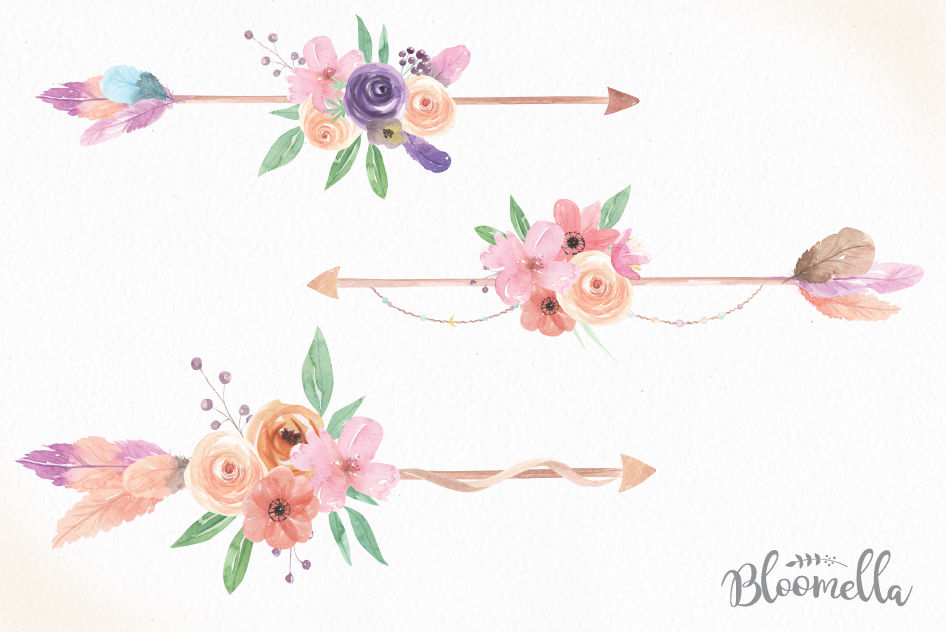 Clipart arrows floral. Watercolor boho flower arrow