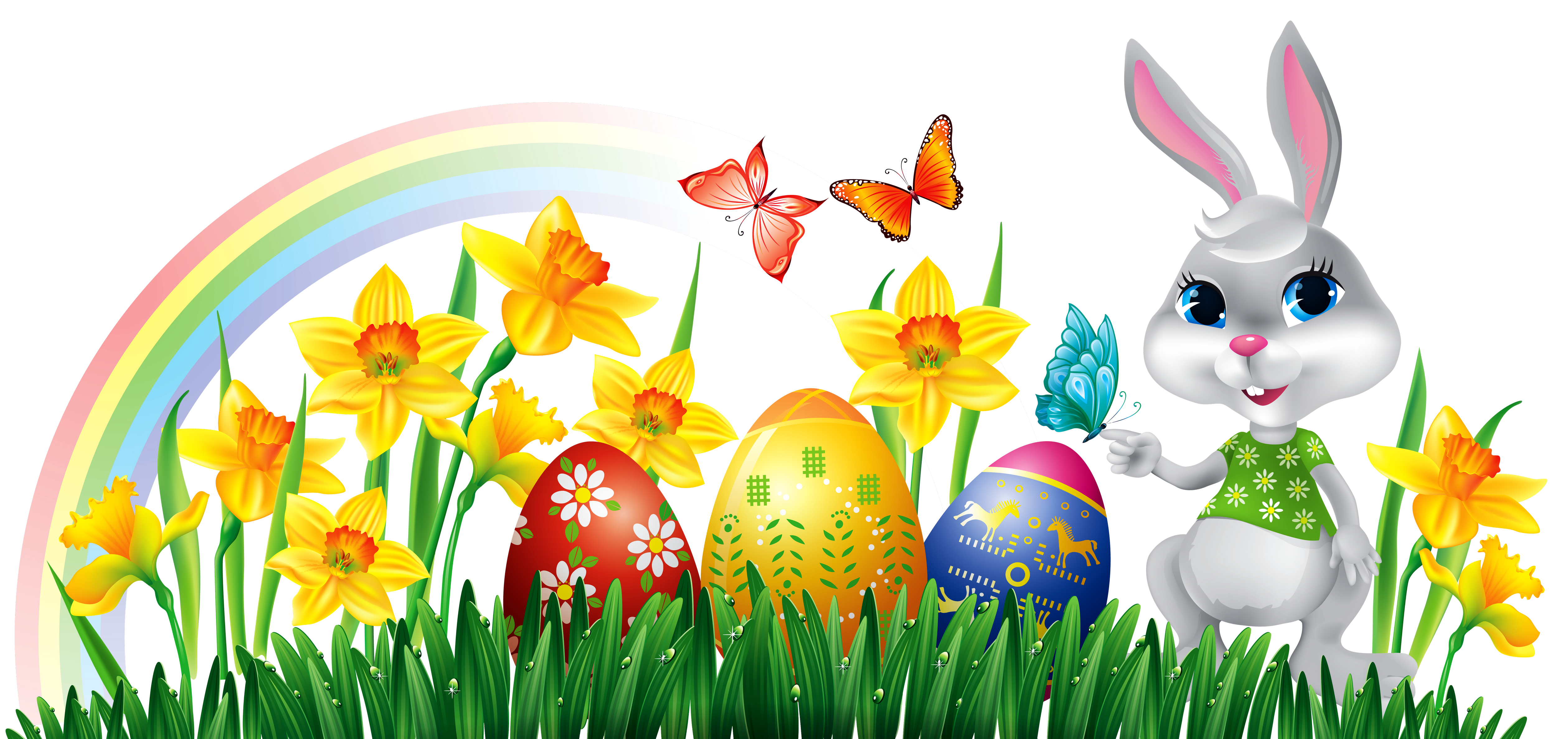 Bunny with daffodils eggs. Easter png images