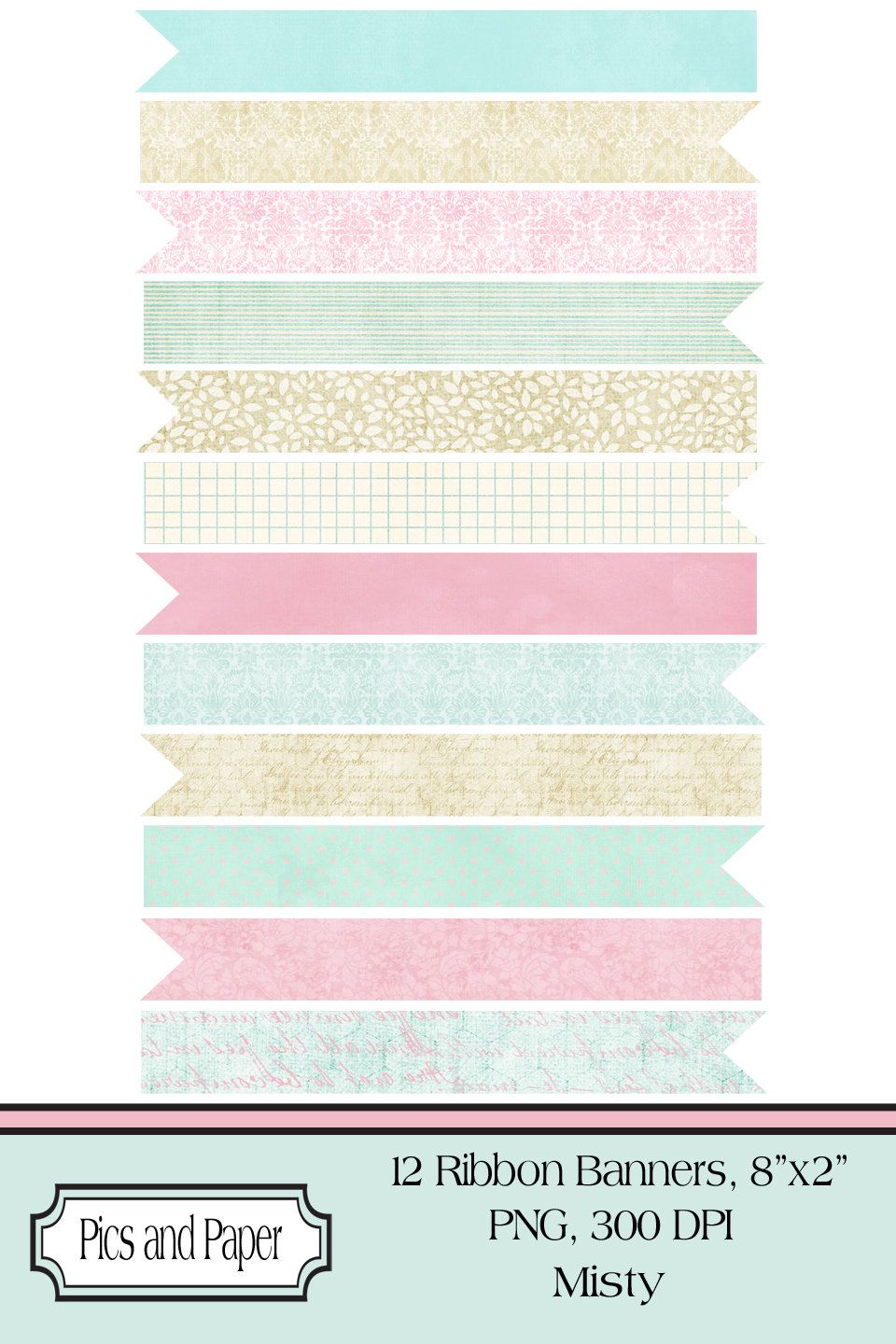 Digital ribbon flag romantic. Clipart banner shabby chic