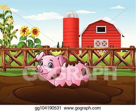 Vector pig playing a. Mud clipart cartoon