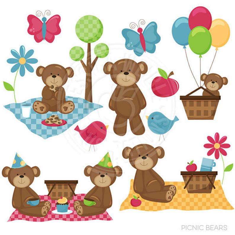Clipart bear picnic. Bears cute digital commercial
