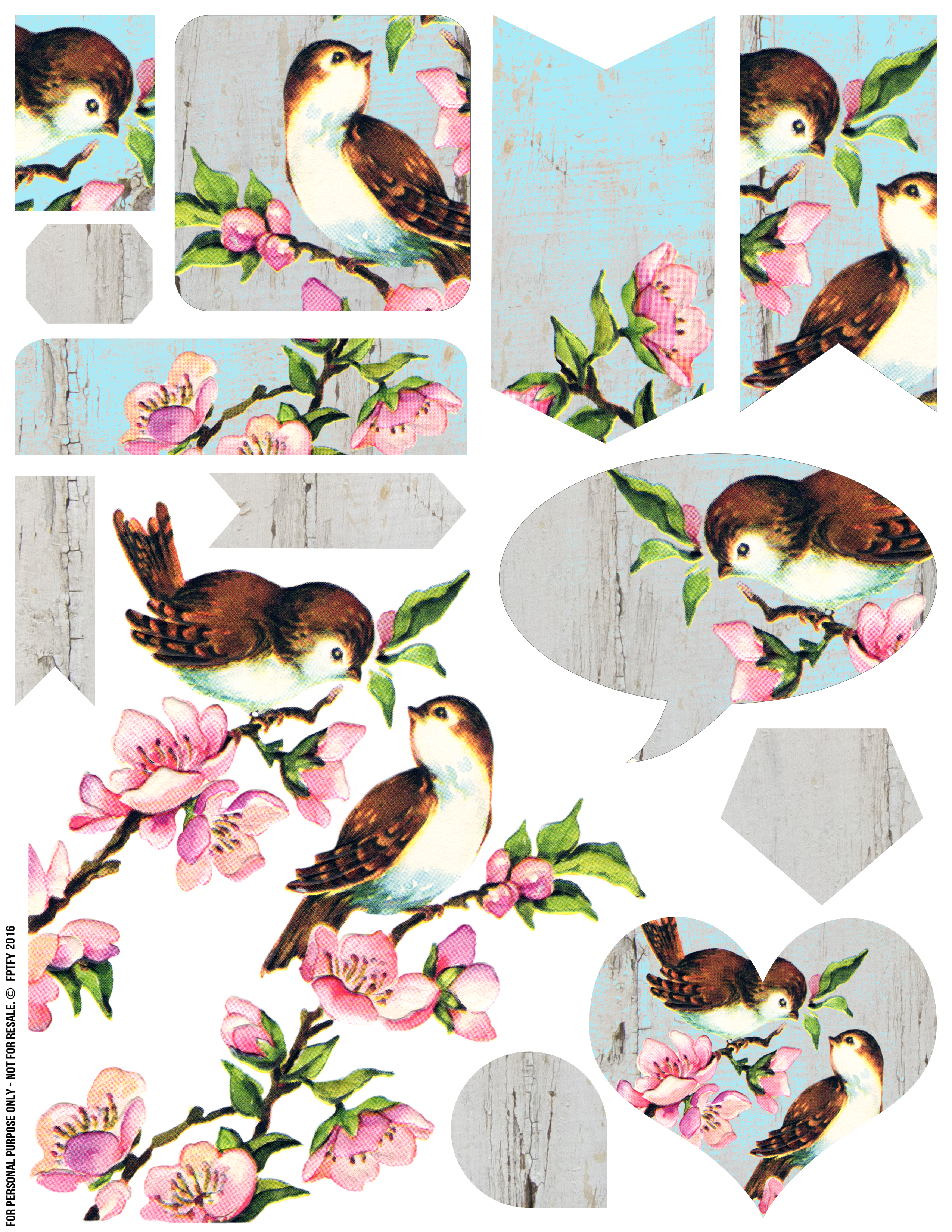 Clipart family collage. Free vintage bird sheet