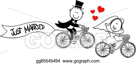 Clipart bicycle just married. Vector funny bride and