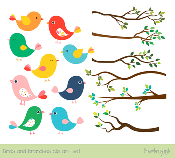 Clipart birds summer. Cute color set tree