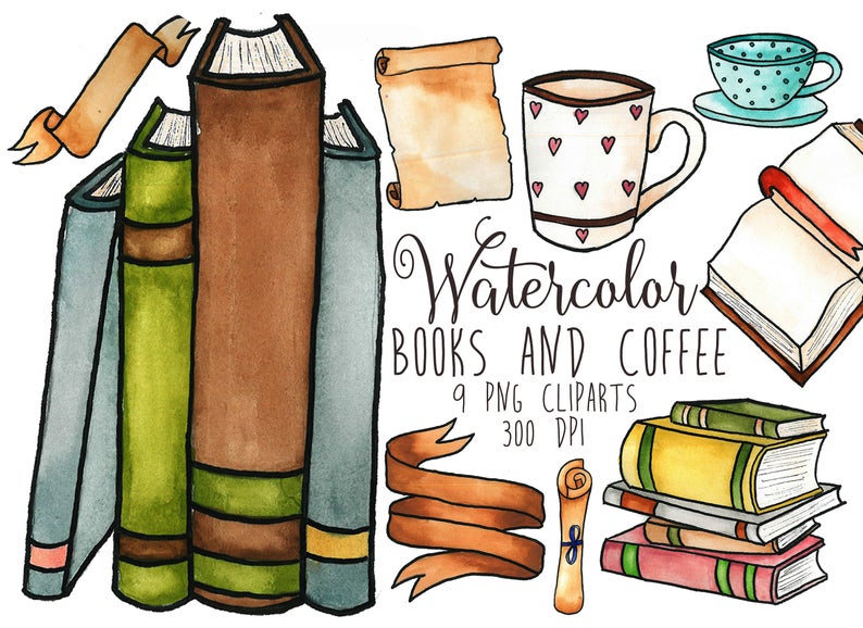 And books watercolor clip. Clipart book coffee cup