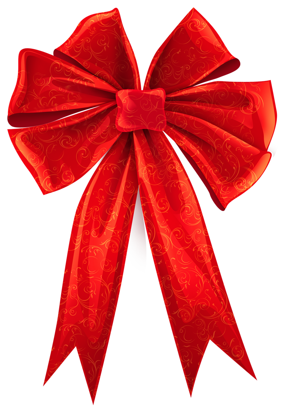 Red bow with ornaments. Decorative clipart ribbon