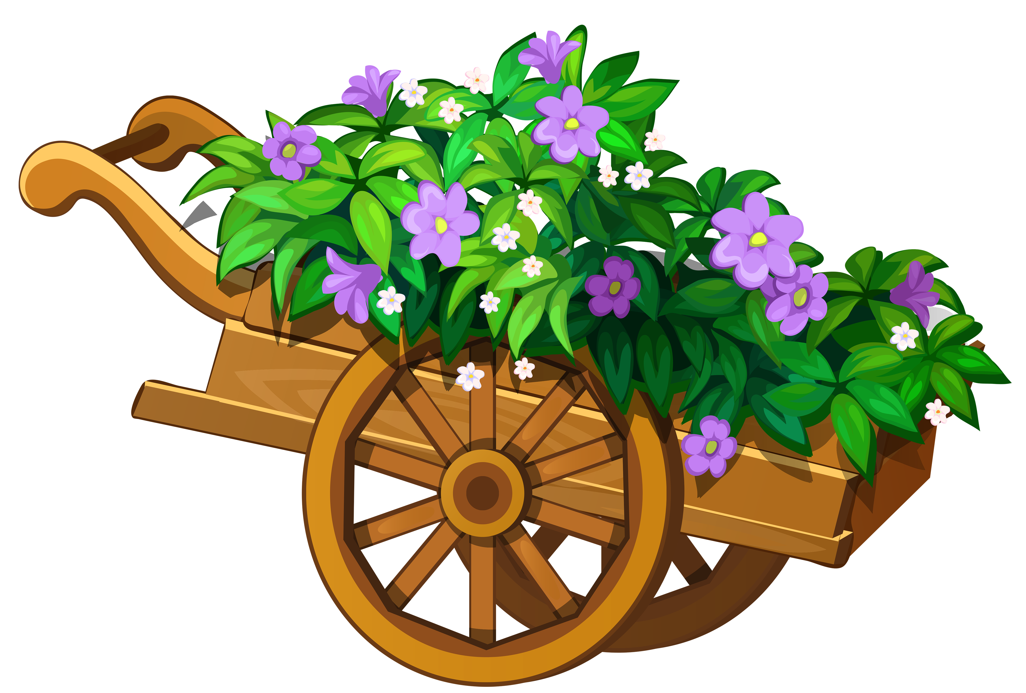 Flower garden png. Wooden wheelbarrow with flowers