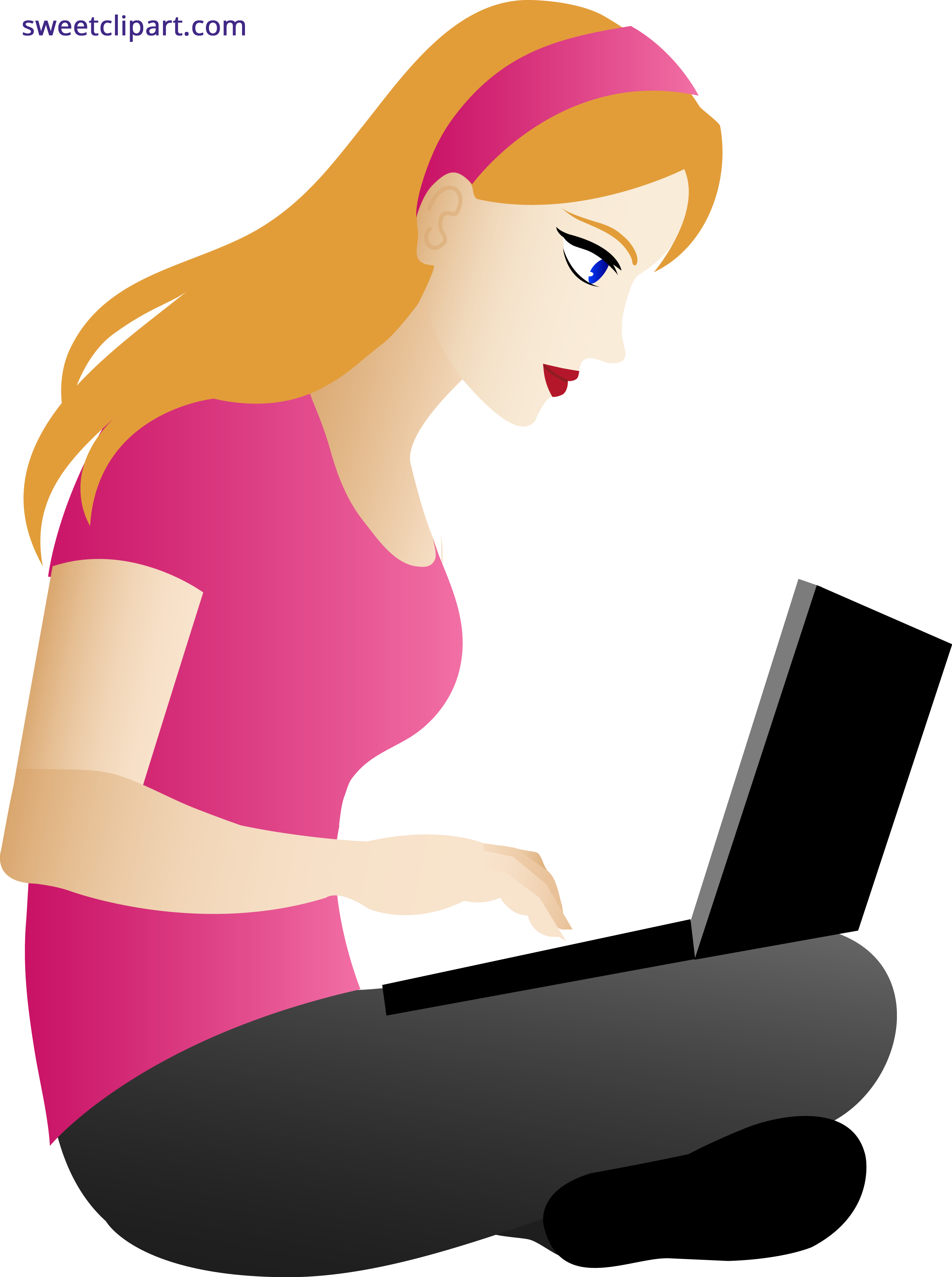 Young blonde redhead sitting. Clipart woman laptop