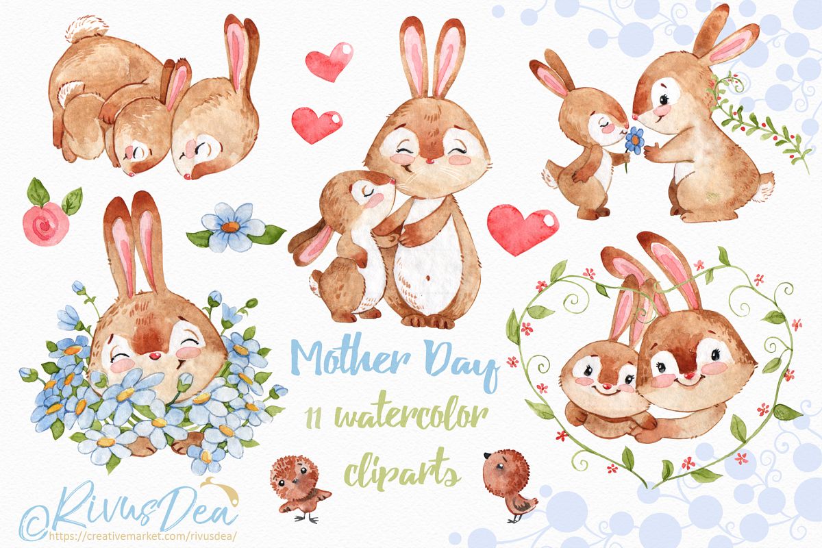 Clipart bunny watercolor. And mom set 