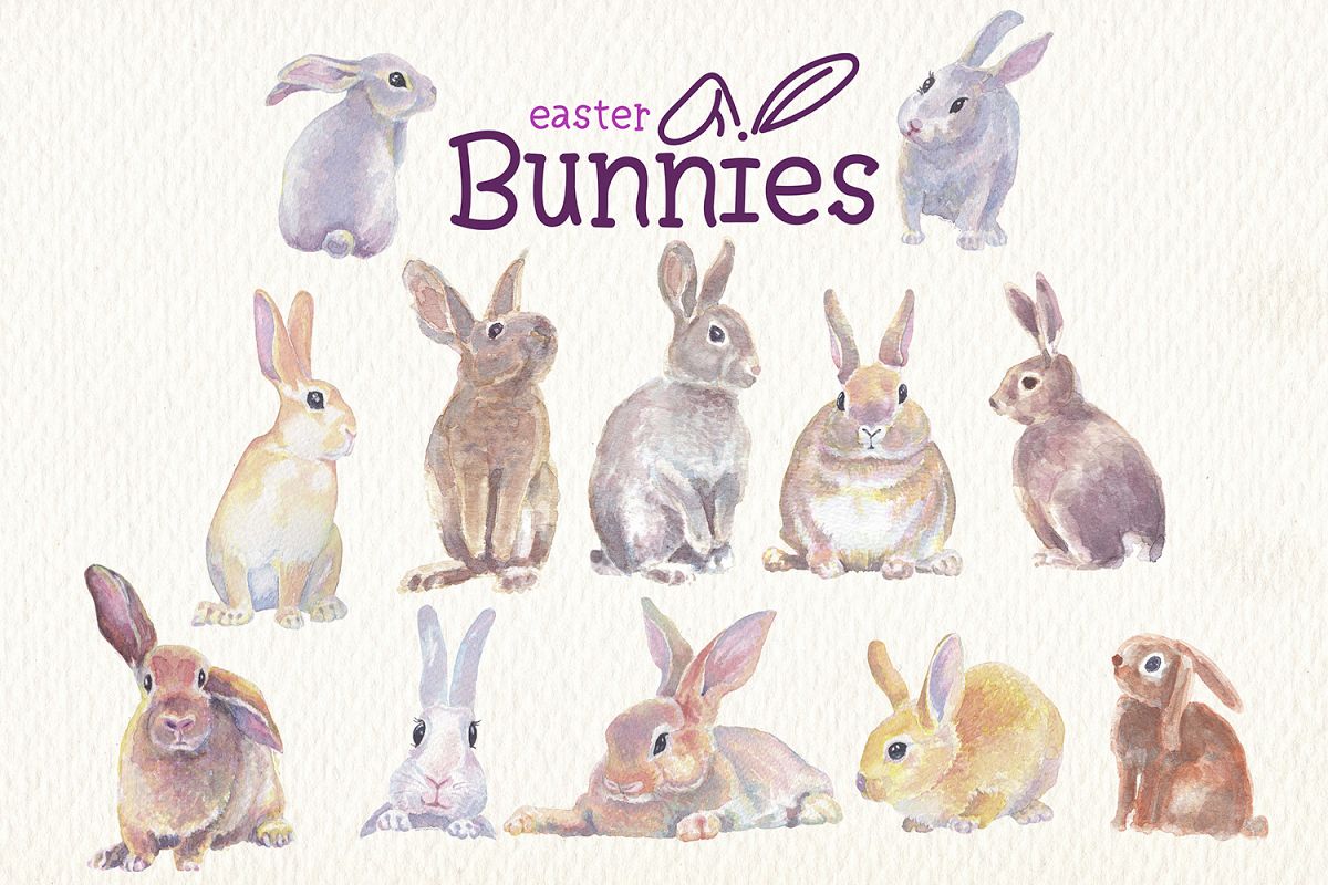 Easter bunnies collection . Clipart bunny watercolor
