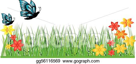 Vector art flower drawing. Clipart grass butterfly