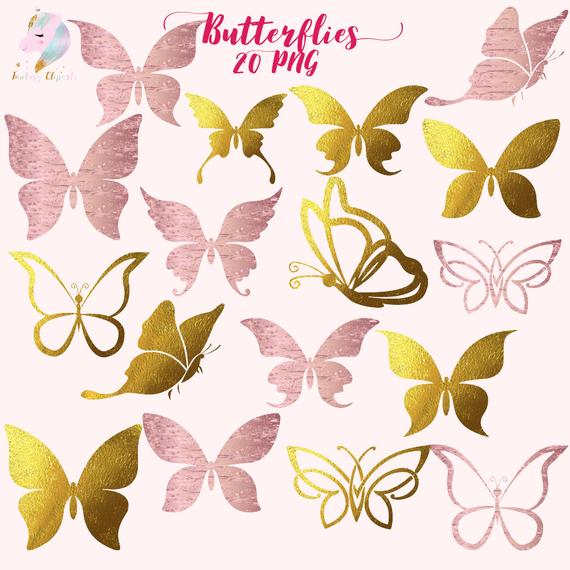 Butterflies gold foil clip. Clipart butterfly rose