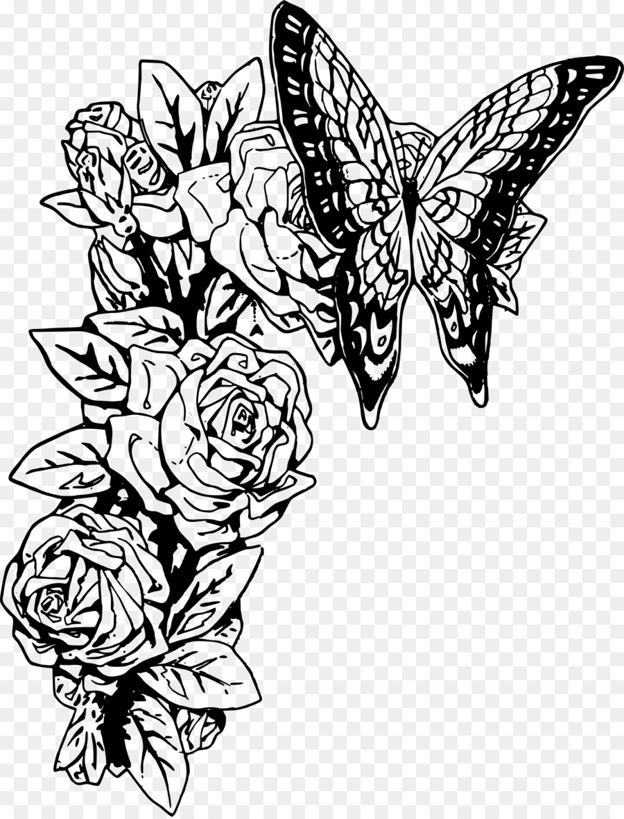 Clipart butterfly rose. Black and white flower
