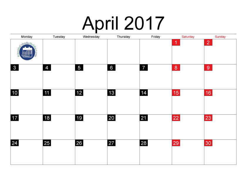 clipart calendar april 2017