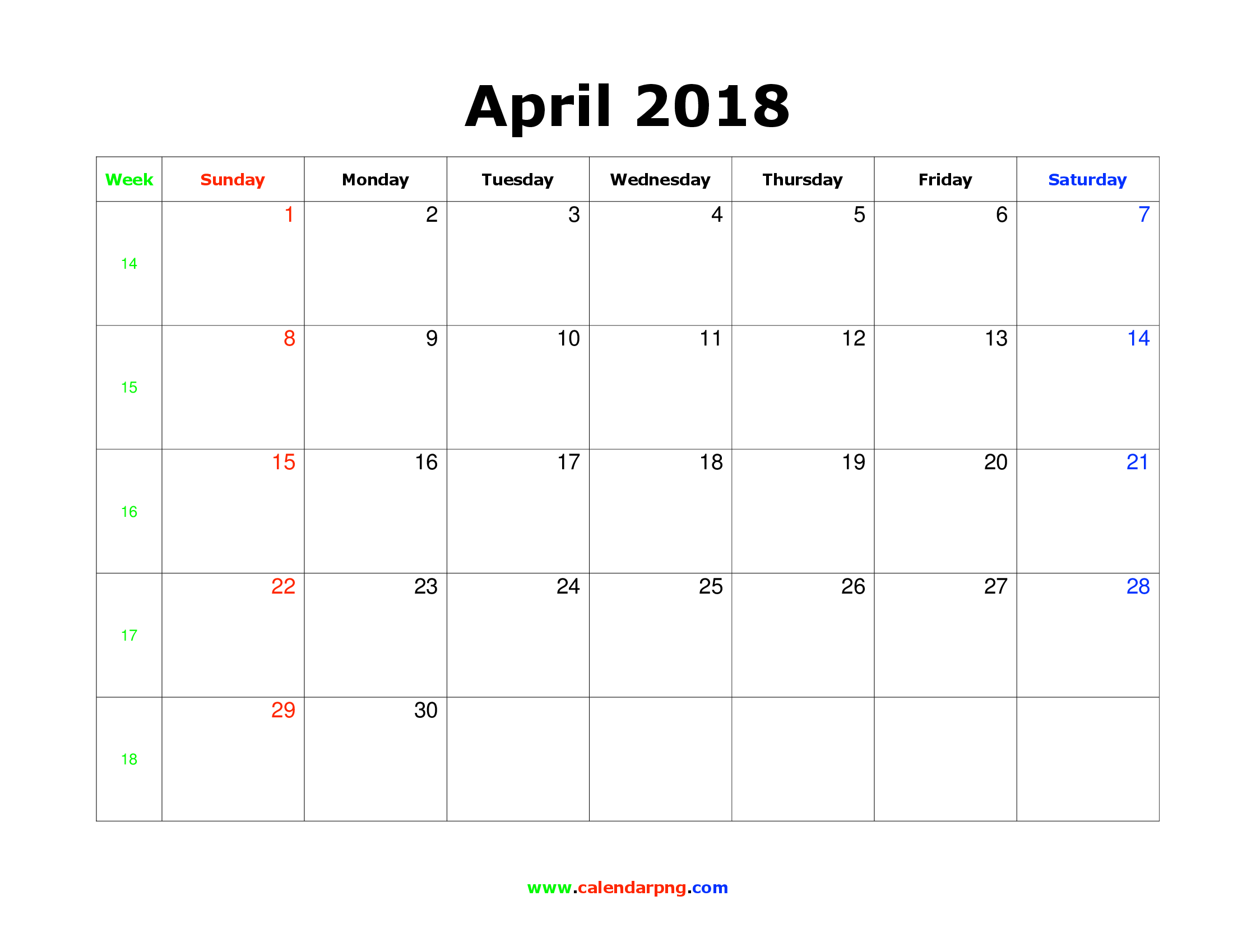 clipart calendar april 2018