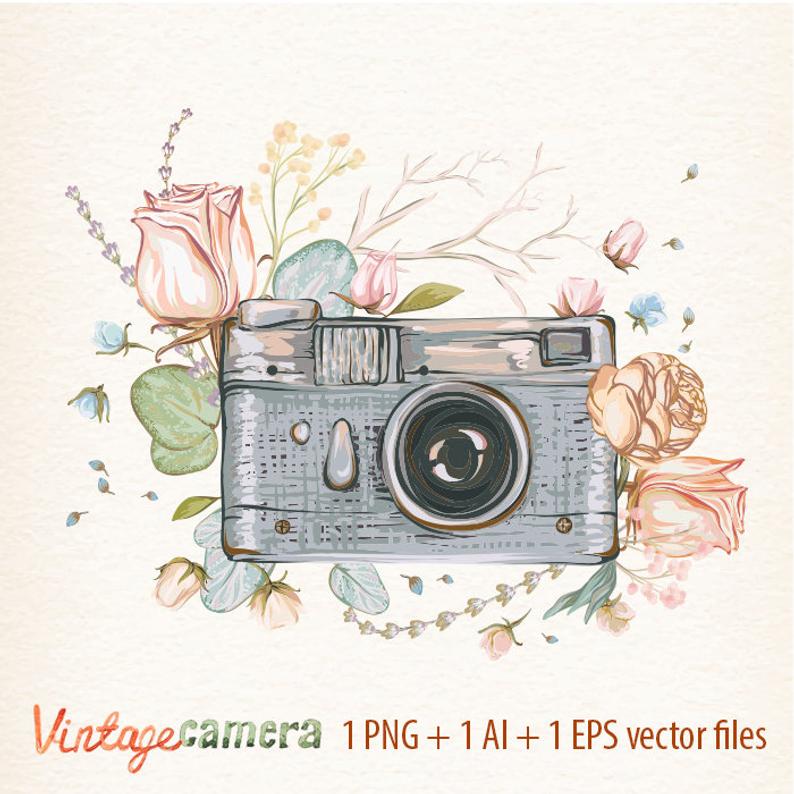 Watercolor with vector small. Flowers clipart camera