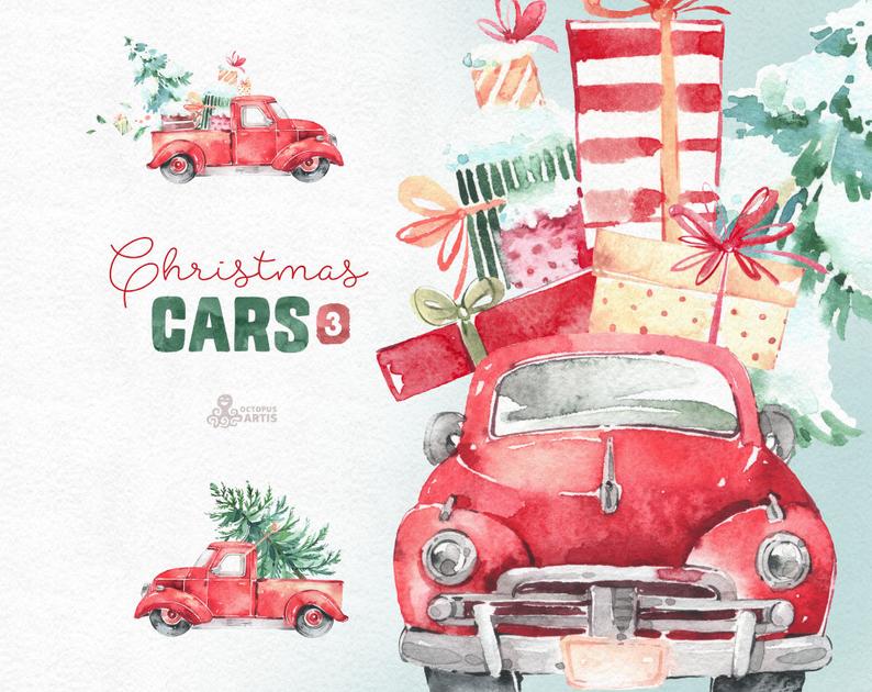 Christmas watercolor vintage retro. Clipart cars holiday