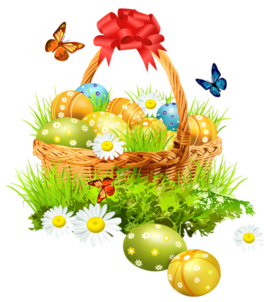 Basket with eggsand butterflies. Clipart easter quote
