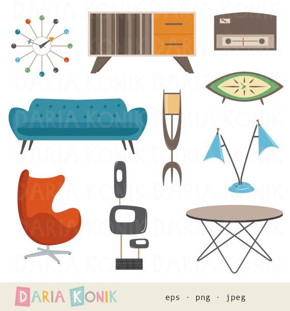 Clipart chair retro. Furniture set midcentury modern