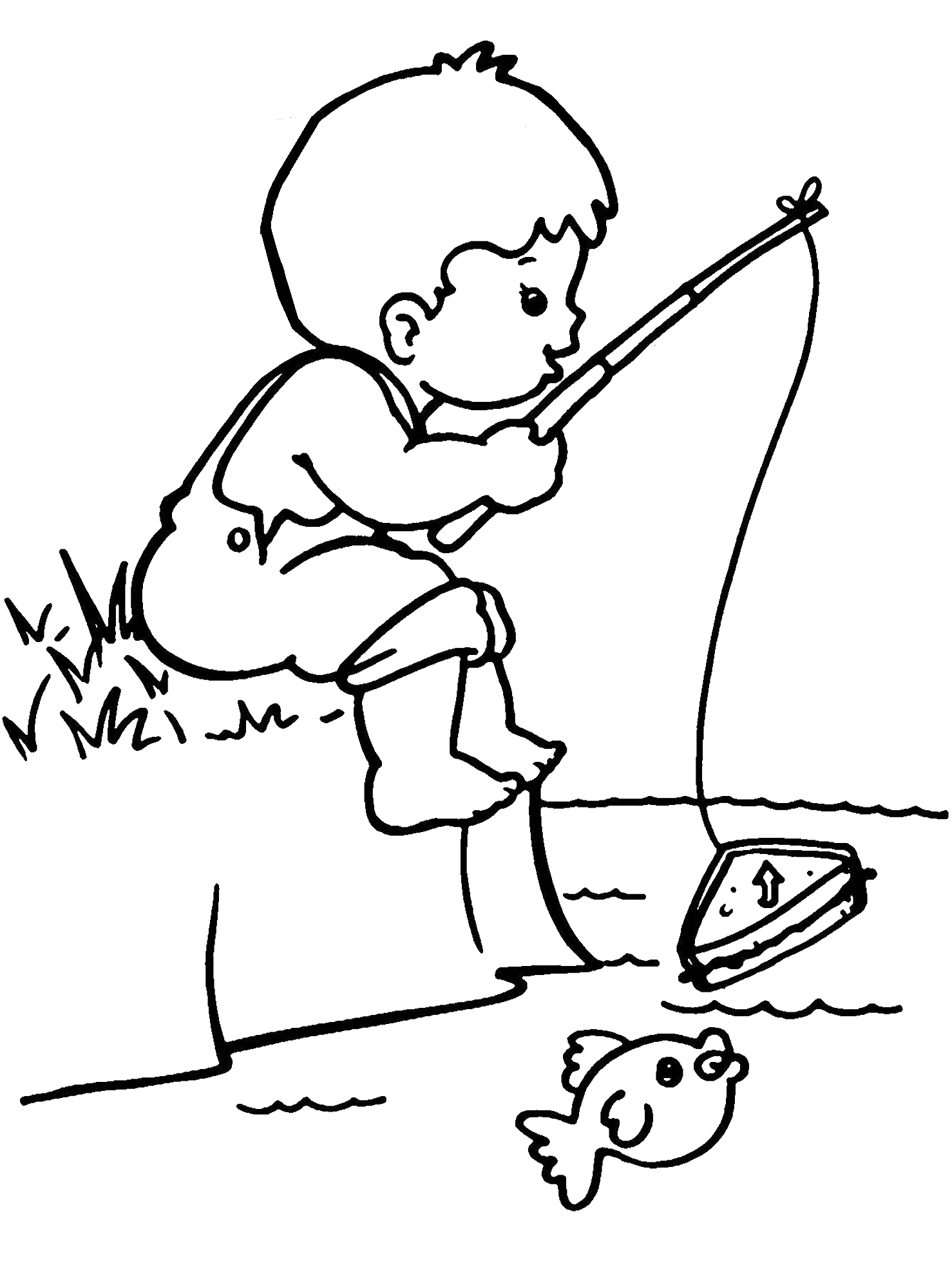 Little girl line drawing. Clipart fish fishing rod