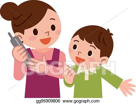 Clipart children phone. Vector illustration mother and