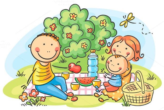 Clipart children picnic. Cartoon family having outdoor