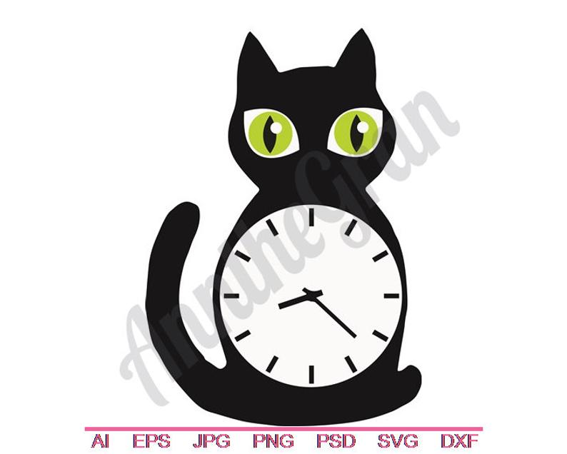 Black svg dxf eps. Clipart clock cat