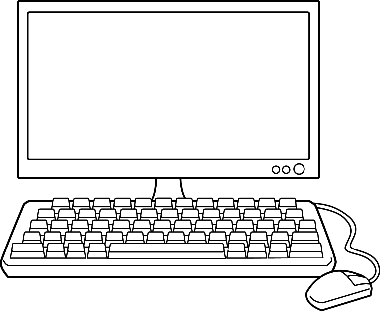 Desktop computer line art. Keyboard clipart coloring page