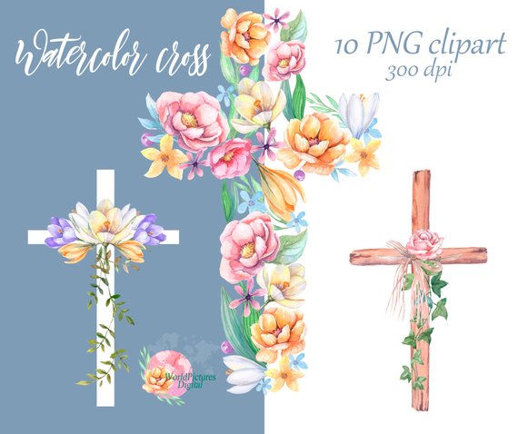 Clipart cross pastel. Watercolor flowers wood and