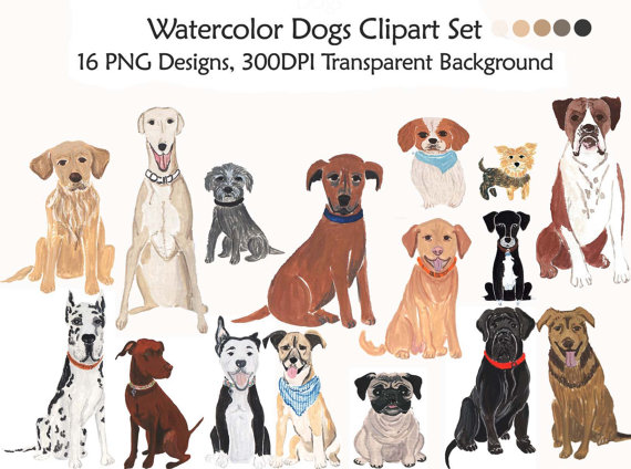 Dogs set breeds clip. Clipart dog watercolor