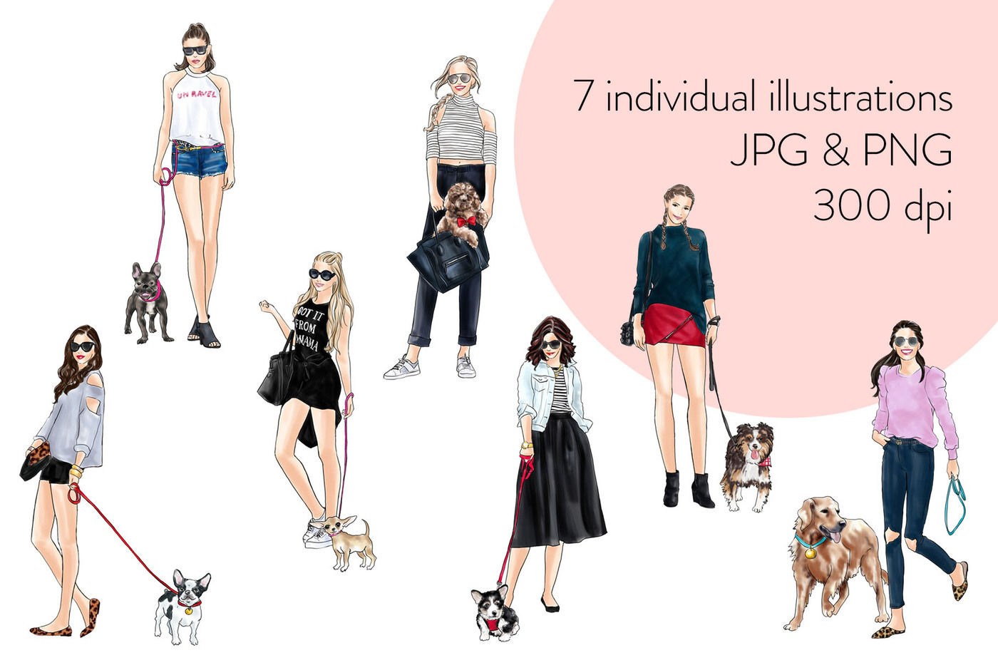 Dogs clipart fashion. Watercolor girls with light