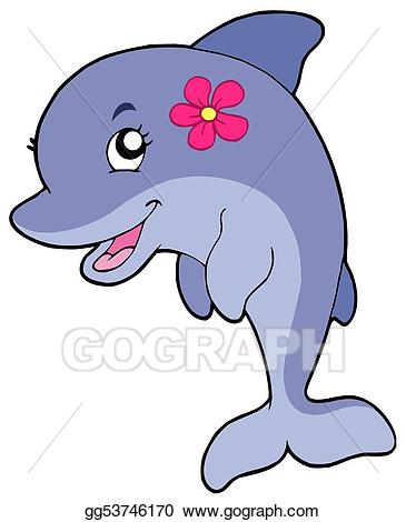 Cute girl with flower. Dolphin clipart pretty
