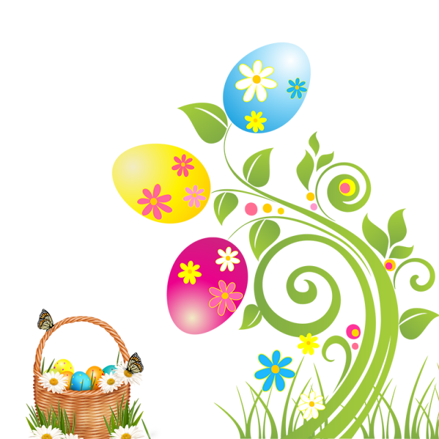 Flowers and basket eggs. Easter border png