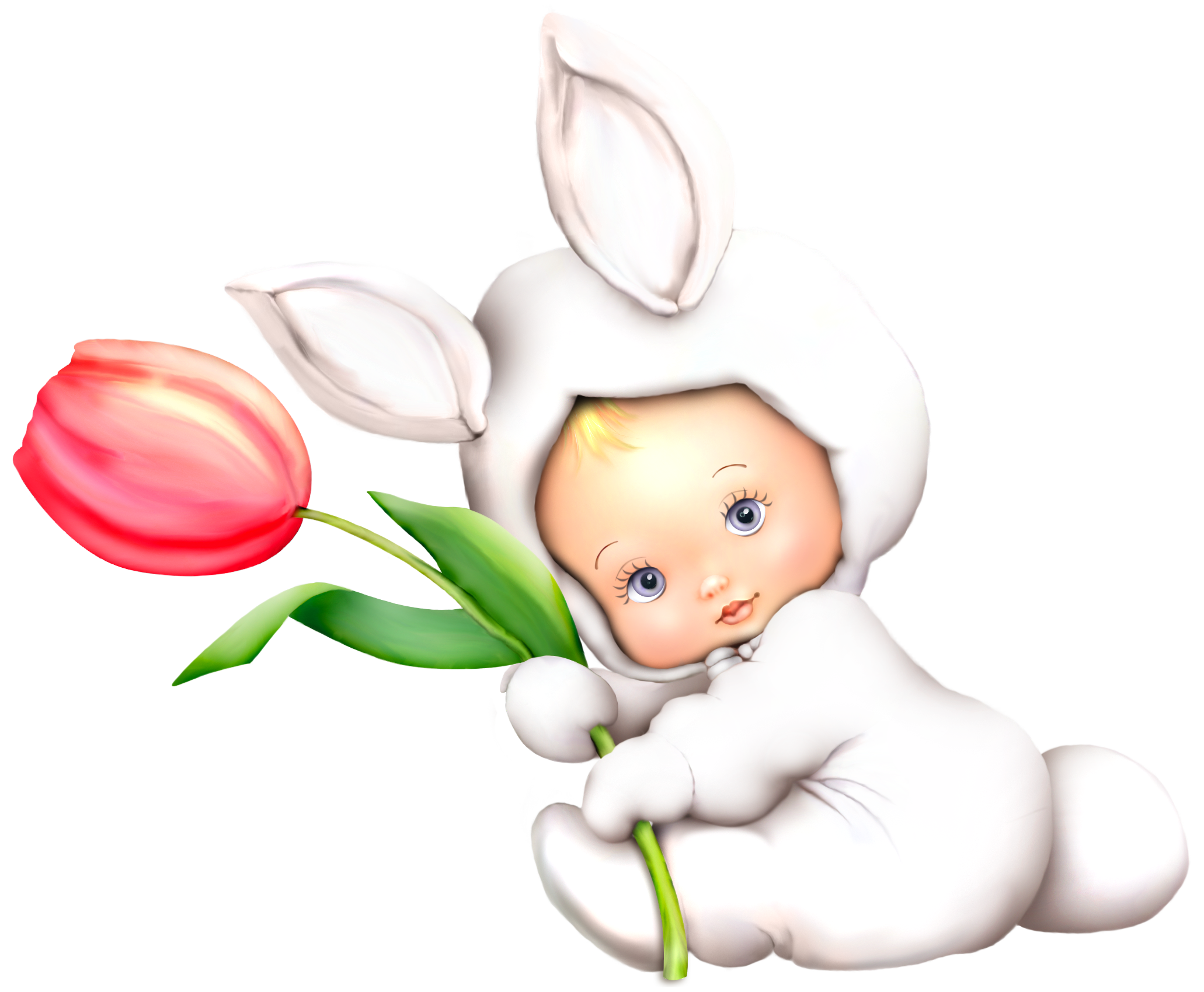Bunny kid with tulip. Clipart easter character