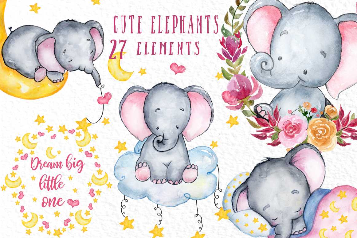 Clipart elephant watercolor. Cute animals baby shower