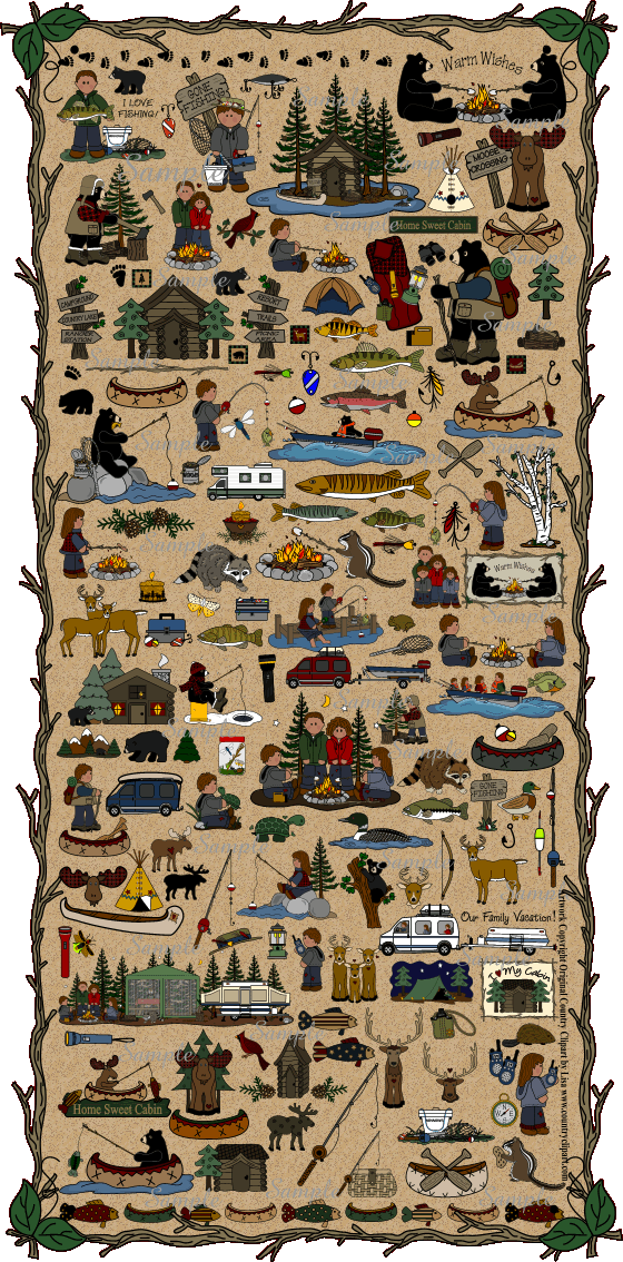 Clipart family collage. Country cabin camping fishing