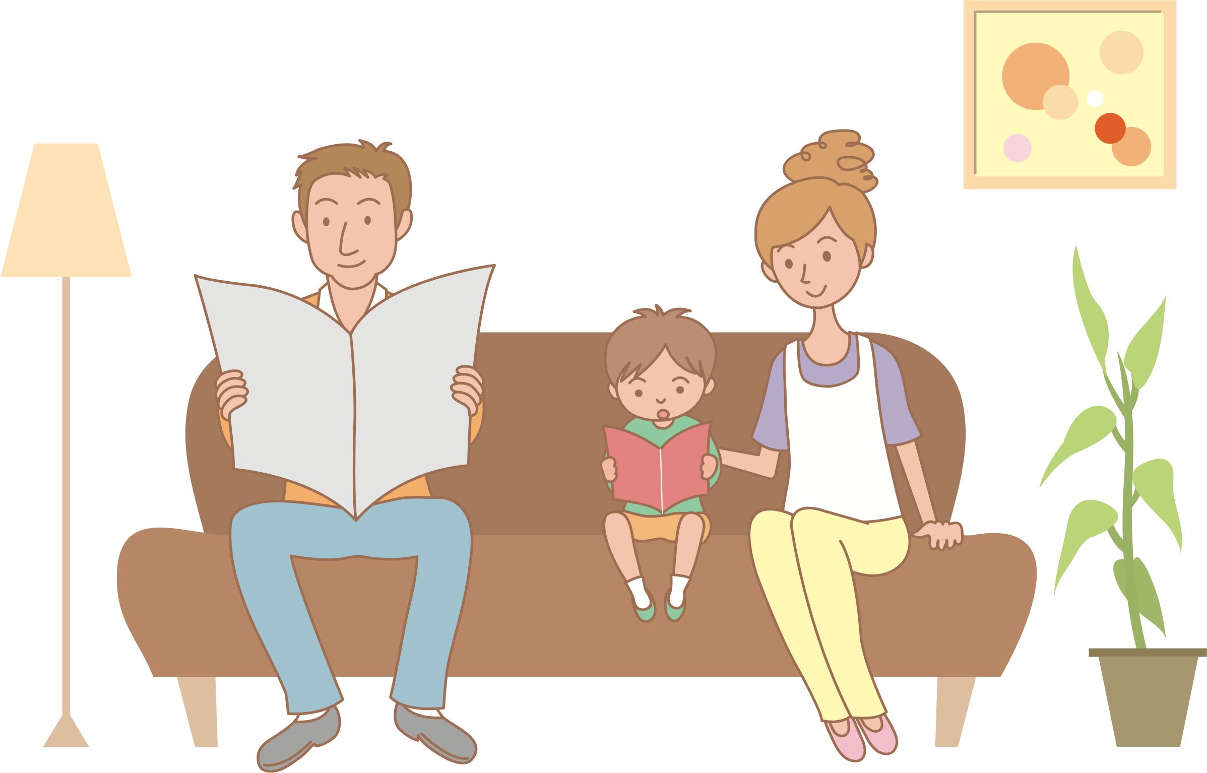 Family on sofa big. Couch clipart comic