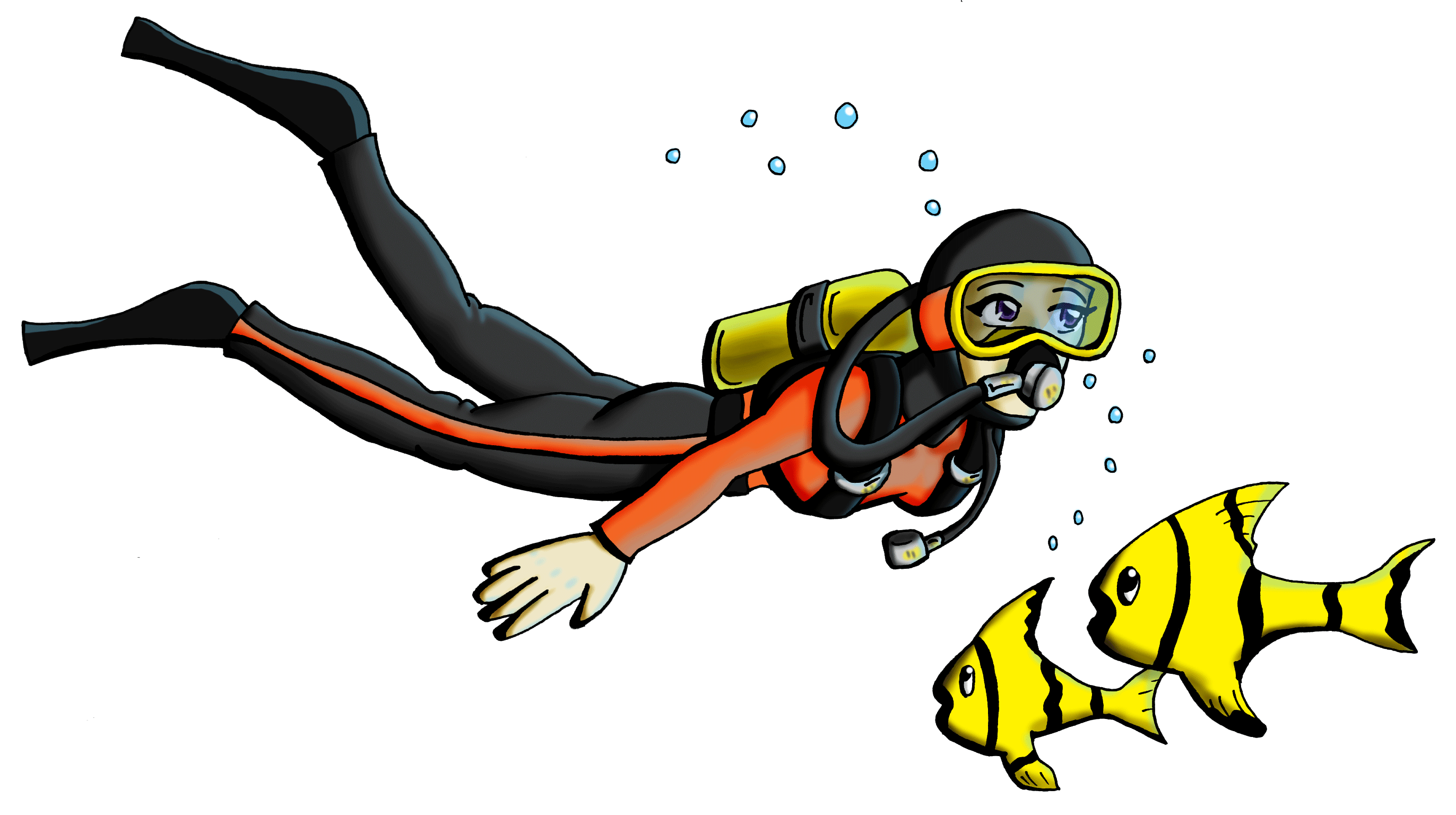 Diver with and bubbles. Fish clipart scuba