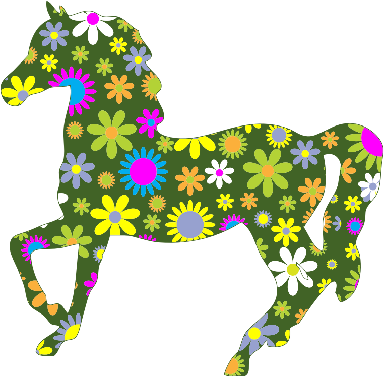 Retro floral medium image. Flower clipart horse