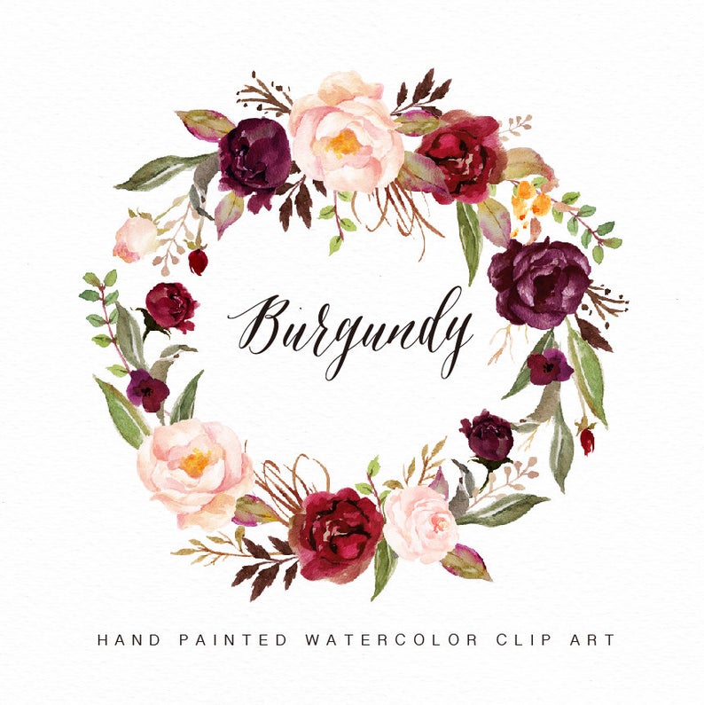 Watercolor burgundy small set. Clipart flower wreath