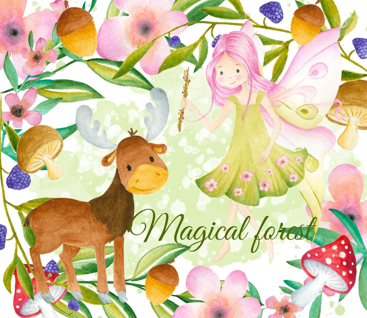 Clipart forest illustration. Fairy moose watercolor hand
