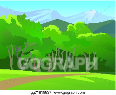 Landscape clipart forest. Eps vector with mountain