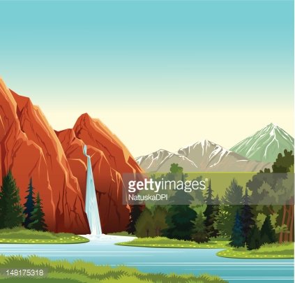 Landscape with waterfall forest. Mountain clipart summer