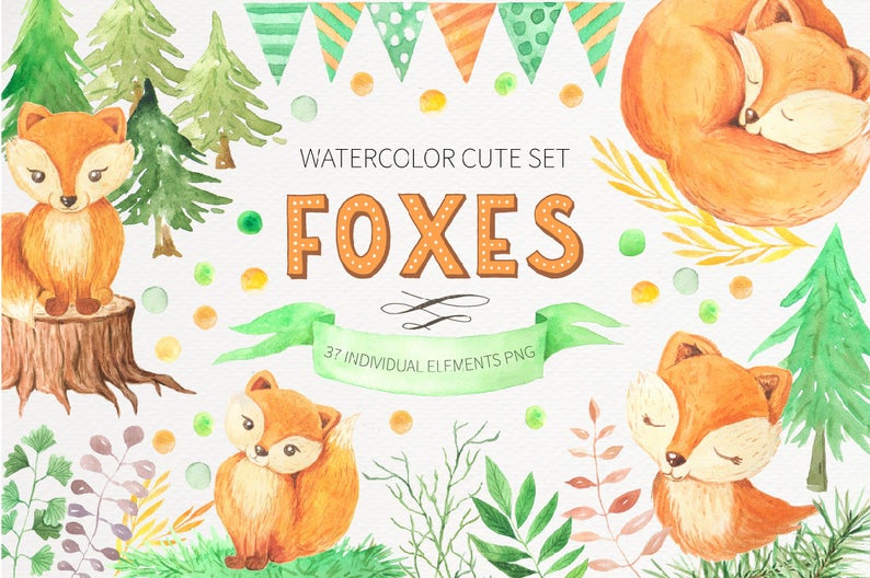 Watercolor animals cute trees. Clipart fox forest
