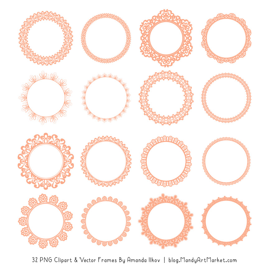 Round digital lace frames. Clipart frame peach