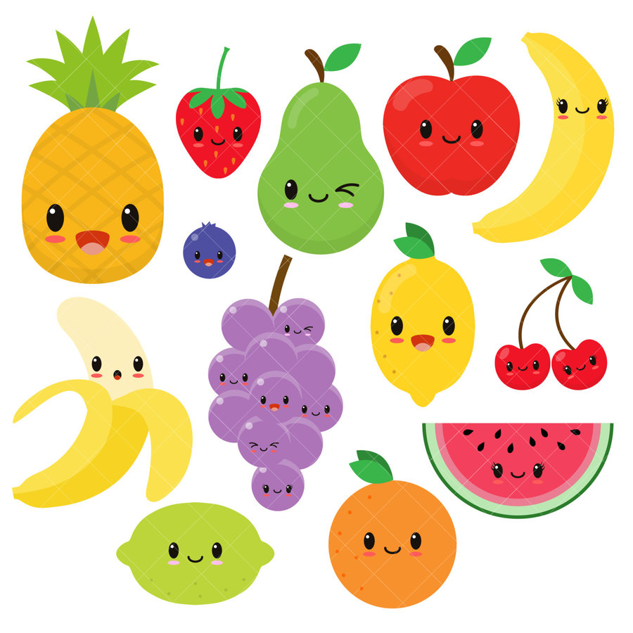 Emoticon food product graphics. Clipart fruit kawaii